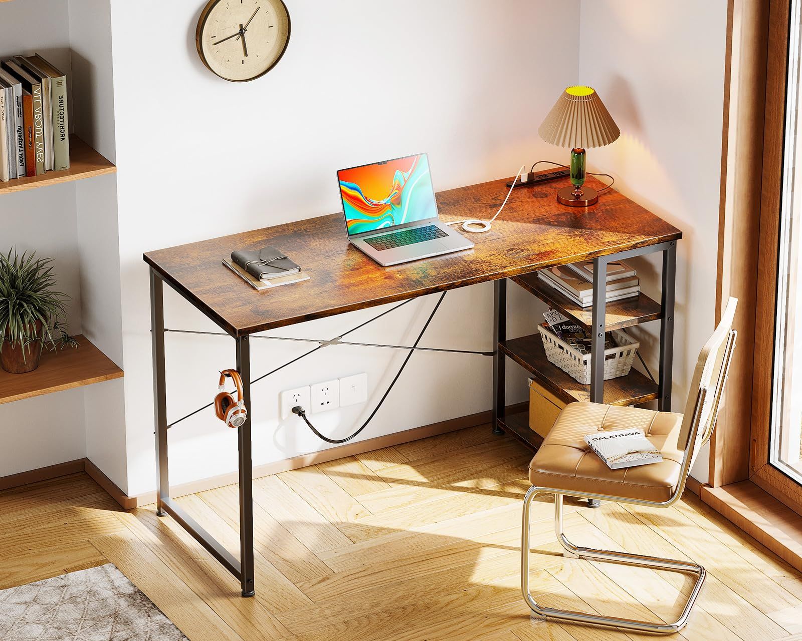 シンプル おしゃれ 組立簡単 学習机 勉強机 子 在宅勤務 ワークデスク ゲーミングデスク パソコンデスク 左右入替え対応 ビンテージ 収納フック付き 3段ラック付き コンセント付き 幅120cm pcデスク 机 デスク KKL MARWIL-DEMENAGEMENTS_CH