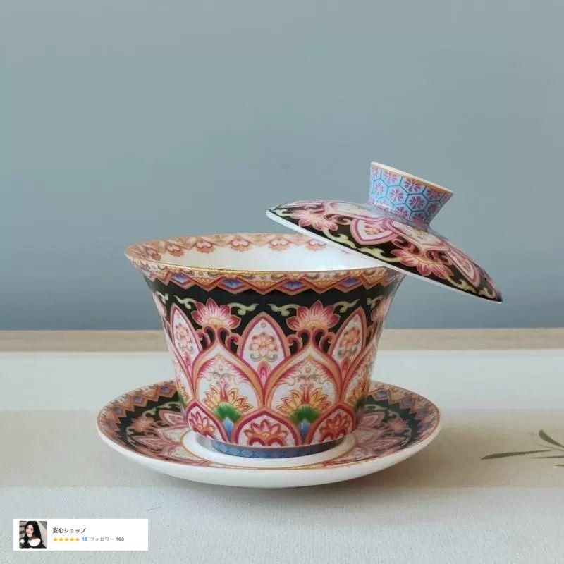 ☆中国美術☆中国陶磁器☆天目調☆マーブル☆落款☆未使用☆茶器☆茶道具☆ 琺瑯描金蓋碗（緑龍） 140ml（満水180ml） 中国茶器 : 天香茶行