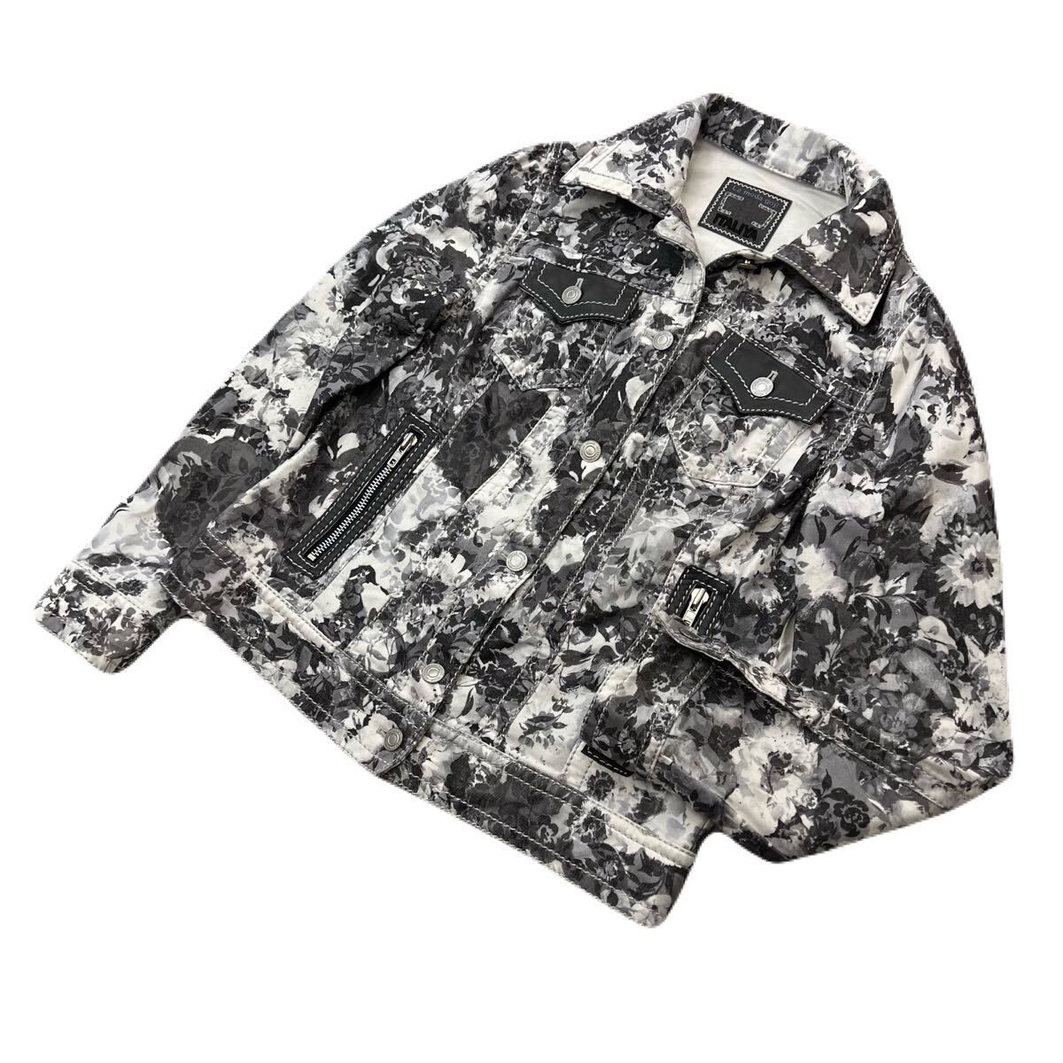 伊太利屋 イタリヤ 派手柄 デザイン コットン ストレッチ ジャケット ホワイト ブラック 11 春 秋 個性派 モード 古着 AB362