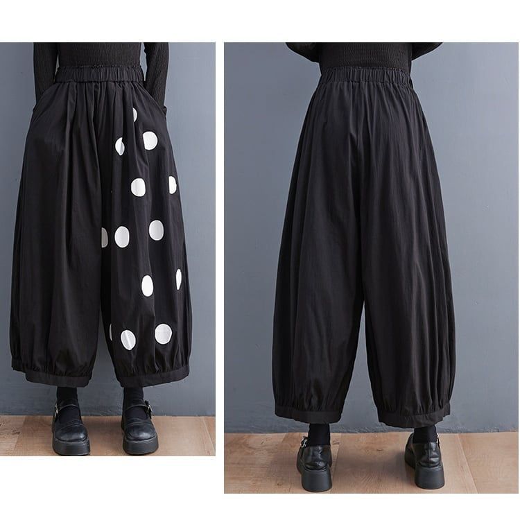 モード系 ブラックドットステッチワイドレッグクロップドパンツ