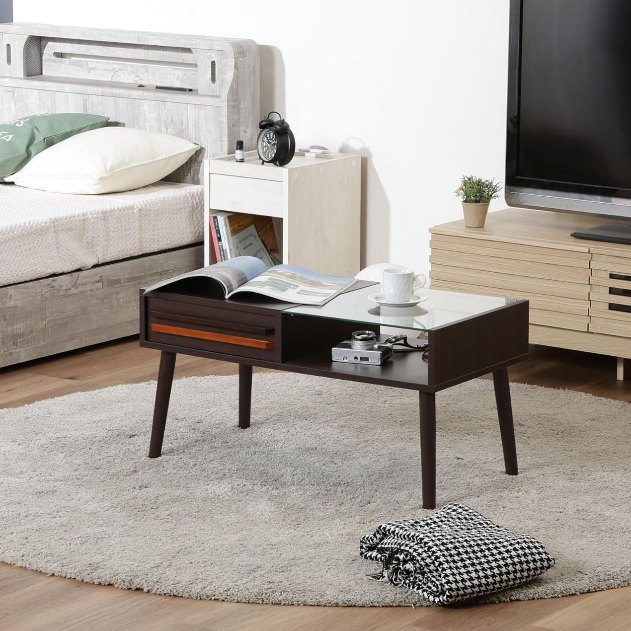 ガラス天板 脚付 センターテーブル ダークブラウン 幅80cm リビングテーブル ローテーブル おしゃれ 1人暮らし