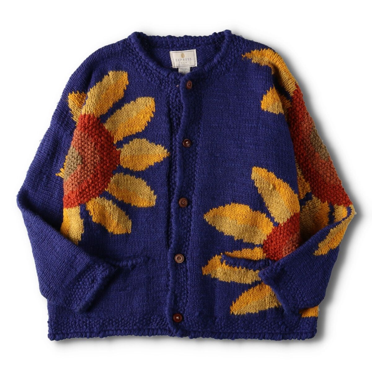 古着 EXPRESS TRICOT HAND KNIT ハンドニット 花柄 ウールニットカーディガン メンズXL/eva000588
