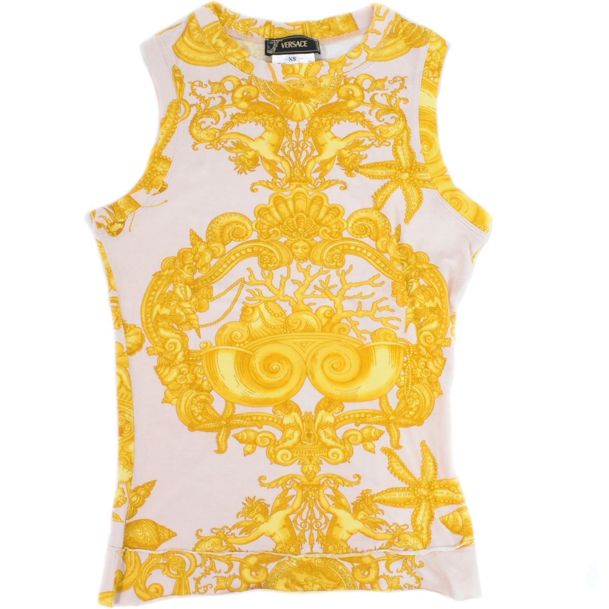 VERSACE - 本物 ヴェルサーチ VERSACE マーメード柄 ノースリーブ タンクトップ トップス XS コットン エラスタン ベージュピンク ゴールド レディース 衣類 洋服 中古 本物 ヴェルサーチ VERSACE マーメード柄 ノースリーブ タンク