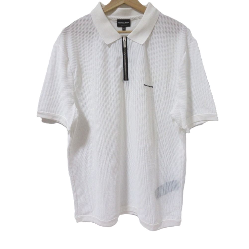 美品 20SS GIORGIO ARMANI ジョルジオアルマーニ ストレッチ ハーフジップ 半袖 メッシュポロシャツ カットソー サイズ58 ホワイト メンズ 古着 中古 USED