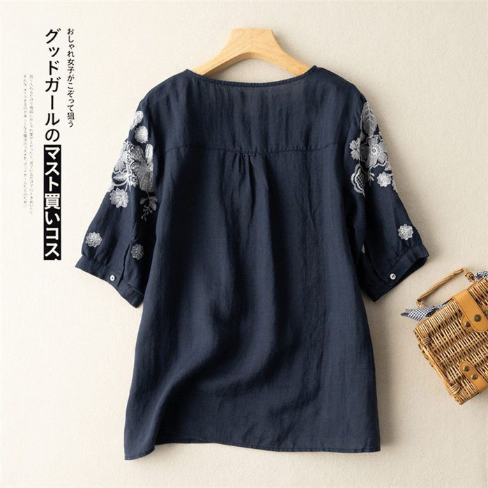 ブラウス トップス レディース チュニック tシャツ シャツ 夏 花柄 刺繍 無地 5分袖 カットソー 体型カバー 綿麻 コットン ゆったり 大きいサイズ 40代 50代 ksmc-shop_xn-058t38n427