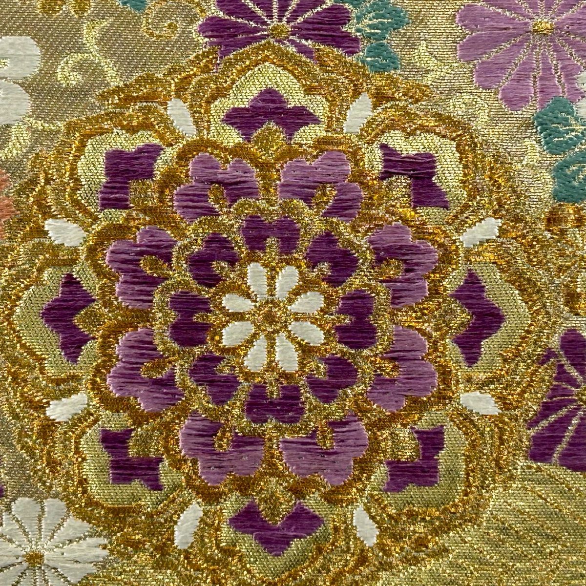 袋帯 美品 逸品 じゅらく 落款 帝王紫 菊 萩 金糸 クリーム 六通 正絹 