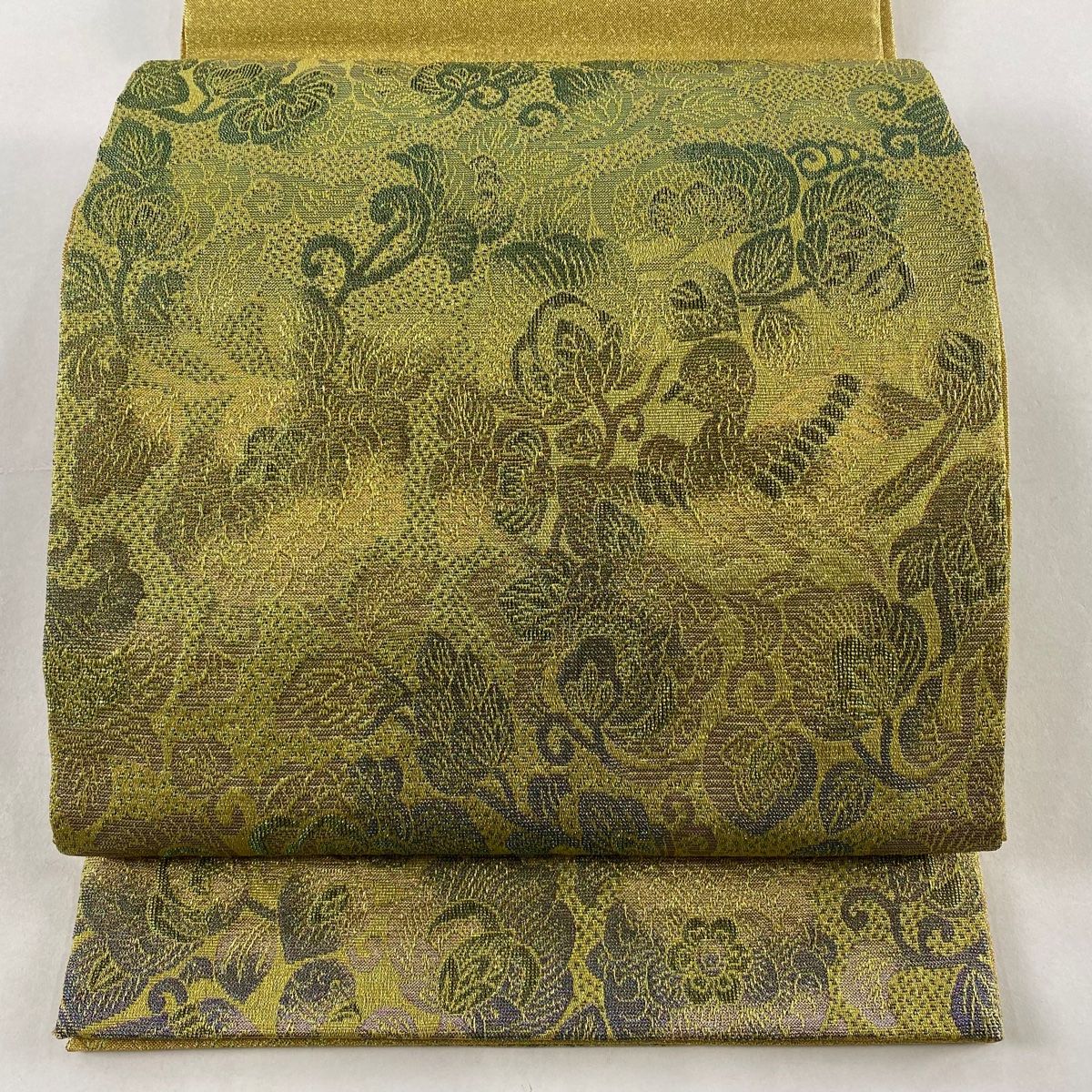 袋帯 美品 逸品 佐波理 落款 鳥 花唐草 箔 金色 お太鼓柄 正絹