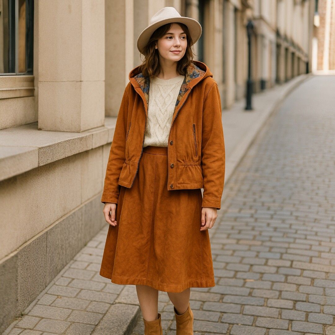 Noi e la Pelle イタリア製 ヌバックレザー セットアップ ジャケット＆スカート 羽織り風オープン 秋冬 ナチュラルガーリー Mサイズ相当