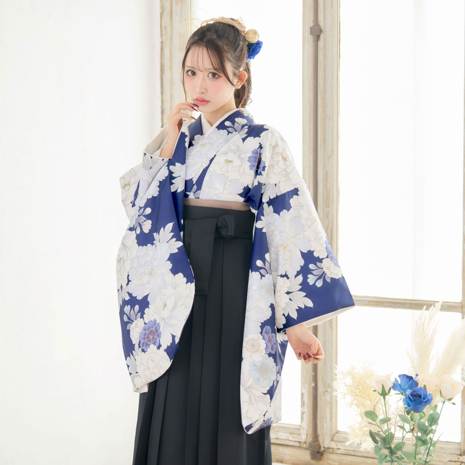 新品袴4点セット 卒業式 小学生 大学生 青 ブルー 紺 ネイビー