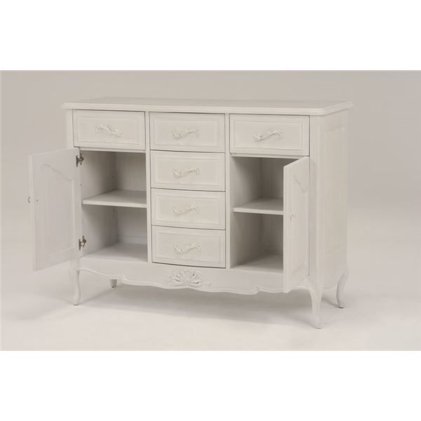 ワイドキャビネット リビング収納 幅120cm 木製 引き出し 扉 脚付き 姫系 アンティーク風 ハンプトンシリーズ リビング 代引不可