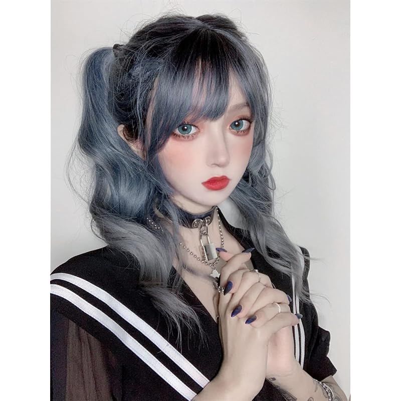 Eileen ロング カール 青グレー ウィッグ パーマ フルウィッグ