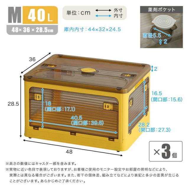 3個セット 収納ボックス 折りたたみ コンテナボックス 40L 幅48cm 奥行36cm 高さ28.5cm Mサイズ 中 キャスター付き 5面開閉 おしゃれ 中身が見える 折りたたみ収納ケース ホワイト グレー ブルー イエロー グリーン 積み重ねOK 収納箱