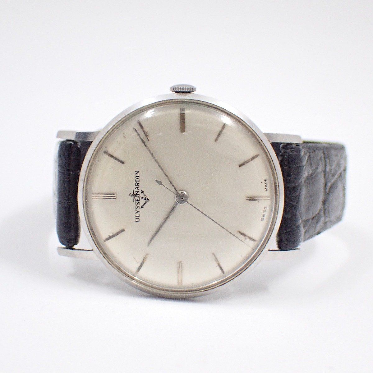 ユリスナルダン ラウンド型 手巻き メンズ 腕時計 シルバー文字盤 社外ベルト いおき質店
