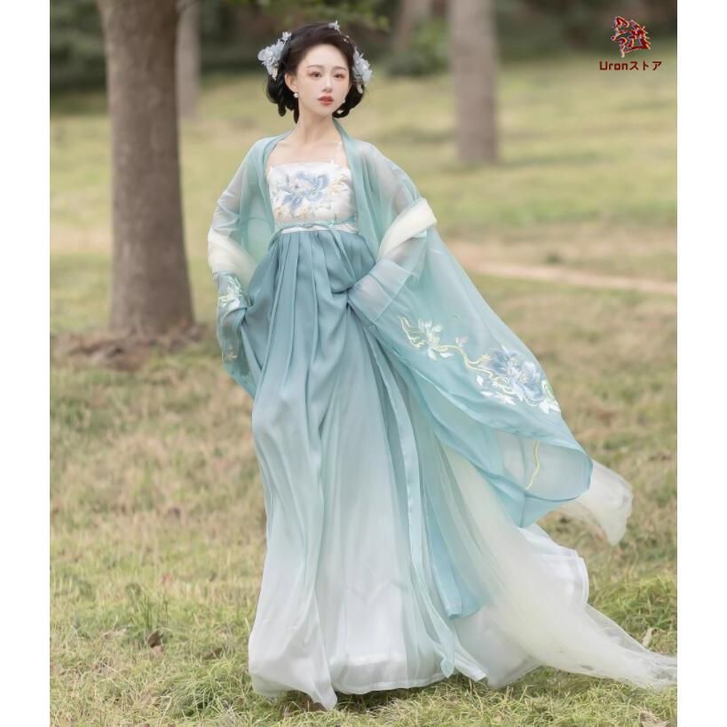 職人製作 漢服3点セット レディース 唐朝 中国古代服装 振袖羽織カバー付き 大きい花刺繍 ストール付き 中華宮廷 皇后 貴妃 変身 コスプレ衣装 グラ