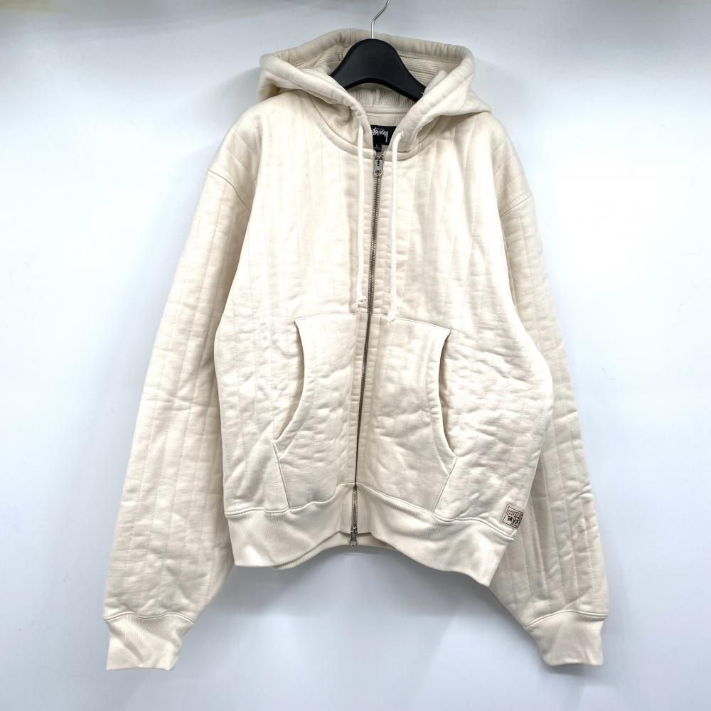 【中古】STUSSY VERTICAL QUILTED ZIP HOODIE サイズL ホワイト ジップ　パーカー ステューシー[17]
