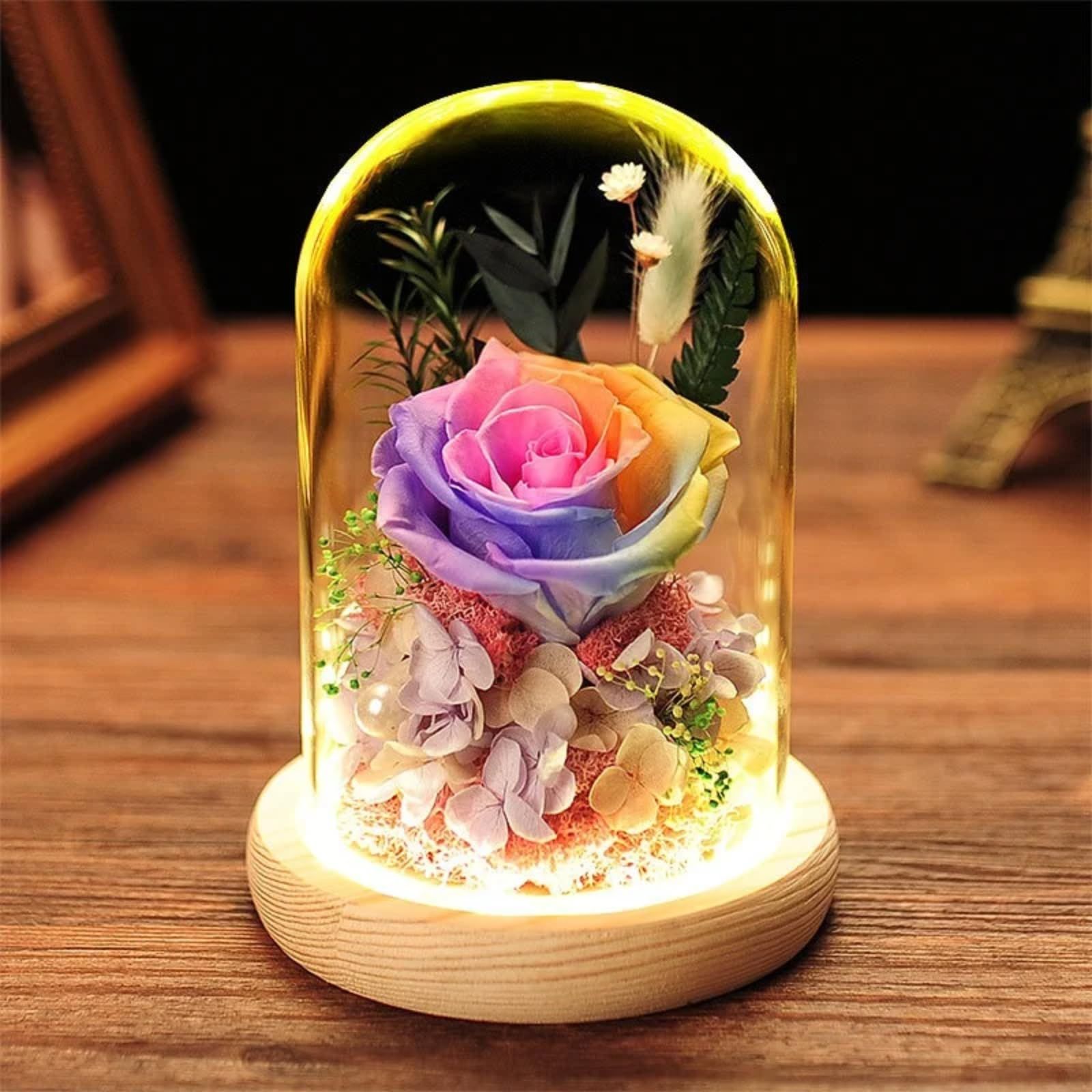 薔薇 虹 ギフトボックス入り プレゼント 枯れない花 かわいい プリザーブドフラワー 長持ち 誕生日 母の日 退職祝い 卒業祝い 結婚祝い フローラルフォーエバー レインボーバラ インテリア ガラスドーム LEDライト付き 手提げ袋 メッセージカード付バラ