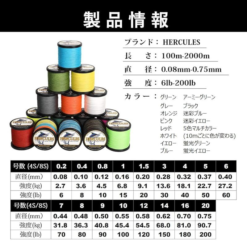 ヘラクレス(HERCULES) PEライン 8本編み 釣りライン 15色 遠投 X8 PE 釣り糸 コシが強い 高強度 高感度 釣り用 ライン 耐久性 汎用性 伸びない 投げ釣り アジング エギング 劣化しにくい 再利用可能 釣糸 8本撚り 糸 マルチカラー[