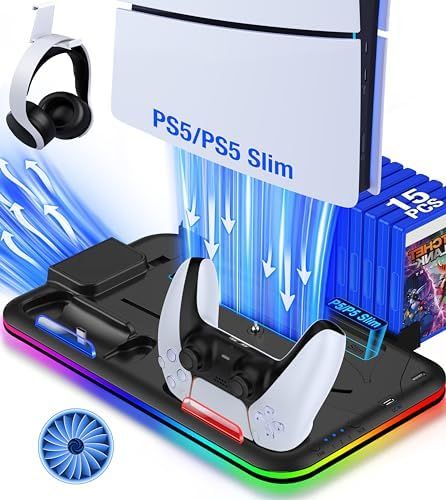 Kawaye PS5スタンド PS5冷却ステーション Playstation 5用 PS5スタンド冷却ファン デュアルコントローラー充電ステーション PS5スタンド多機能 PS5アクセサリー PS5垂直スタンド 6スロット ヘッドセットホ