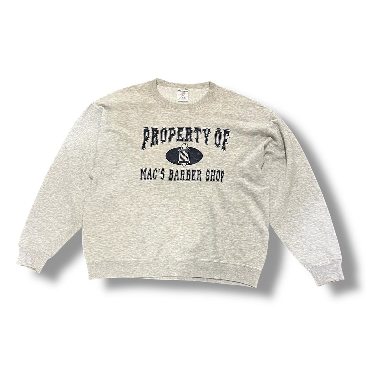 スウェット プリントスウェット カレッジ カレッジプリント used 古着 ライトグレー JERZEES オールド PROPERTY OF MAC'S BARBER SHOP