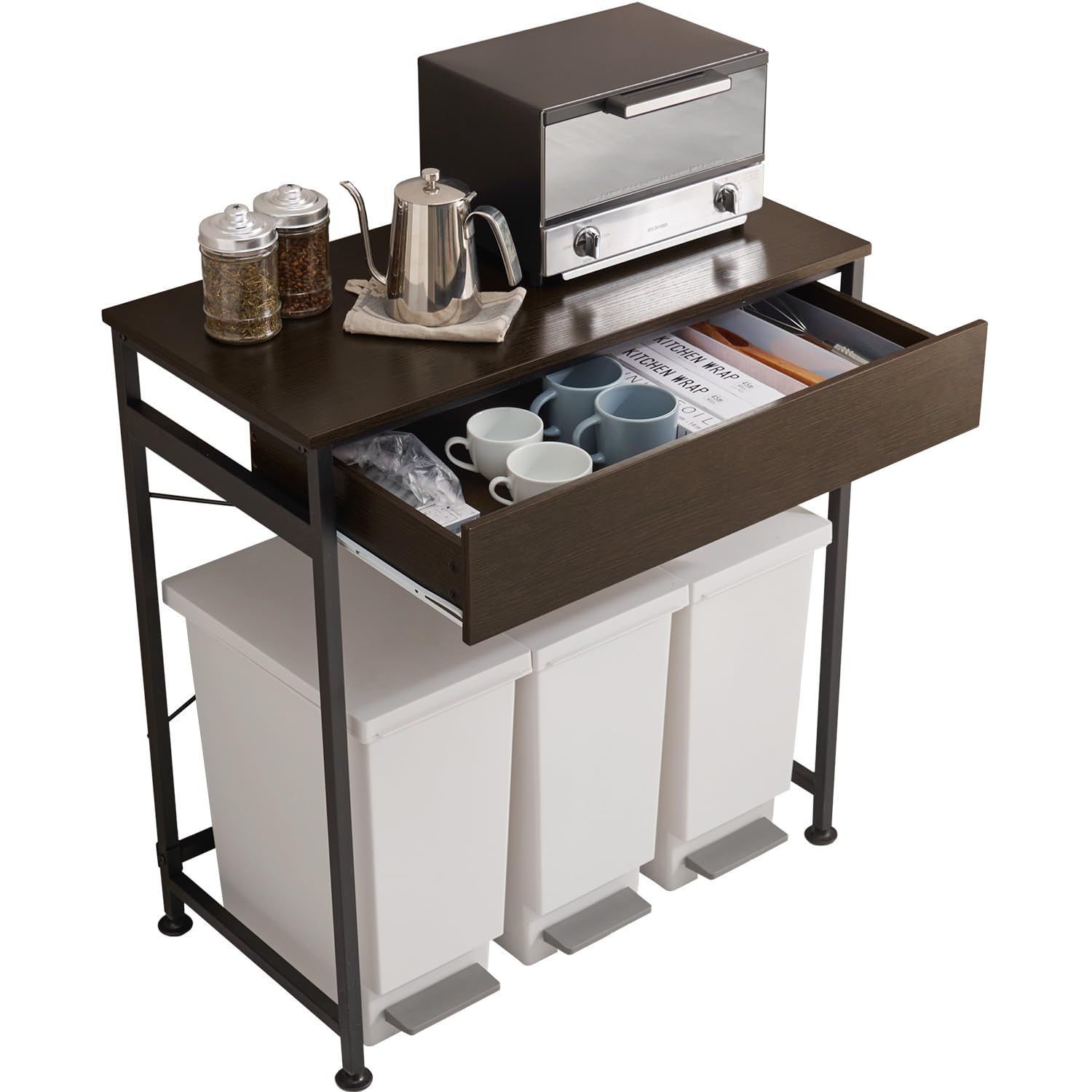人気商品 KR-3771DBR ダークブラウン 高さ85cm 奥行45.5 幅80.5 レンジ台 耐荷重30㎏ アジャスター付き 引き出し付 ゴミ箱上ラック レンジラック 萩原