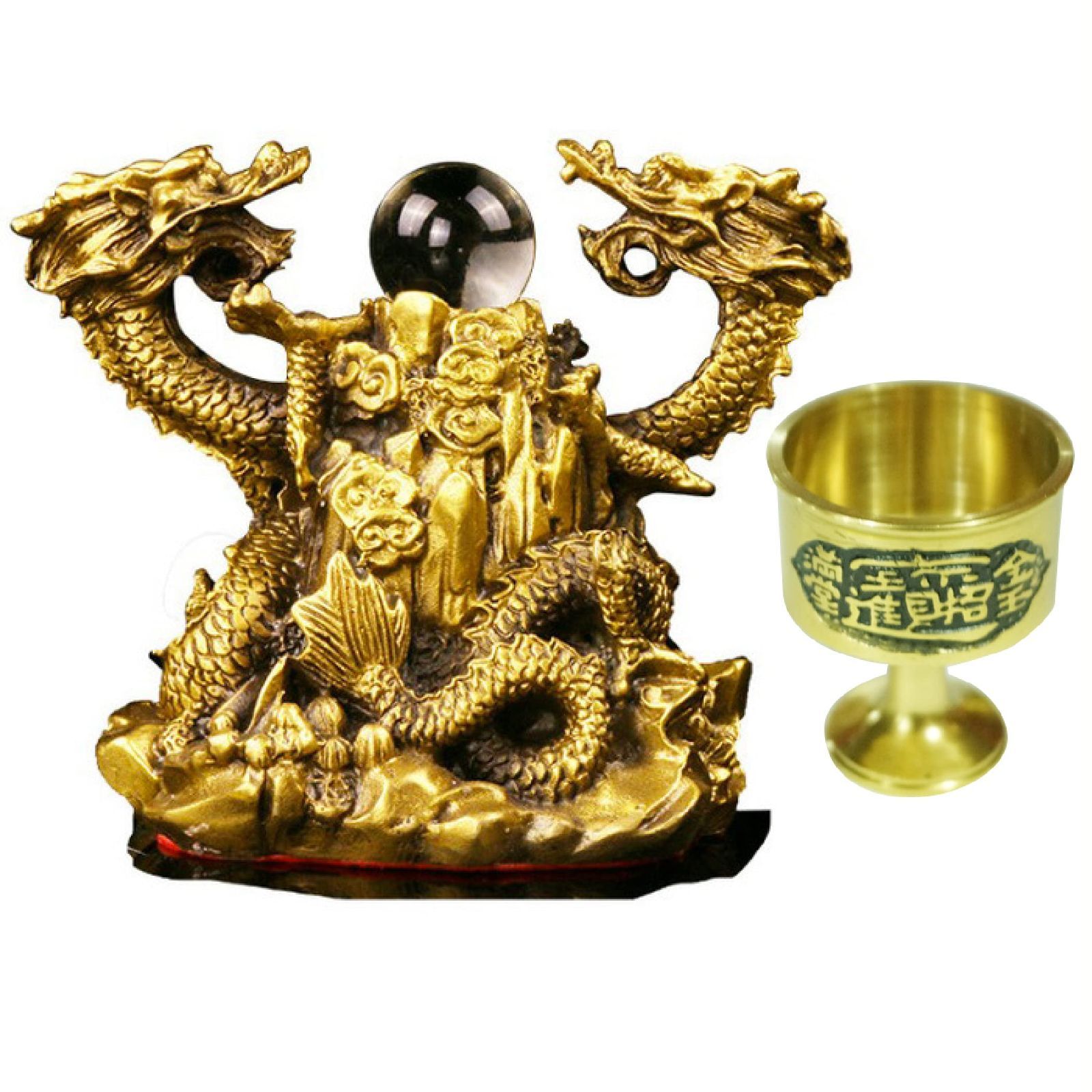 Felimoa 双龍 風水 龍の置物 銅製 水晶 玄関インテリア 縁起物 お守り 金運 水杯付属