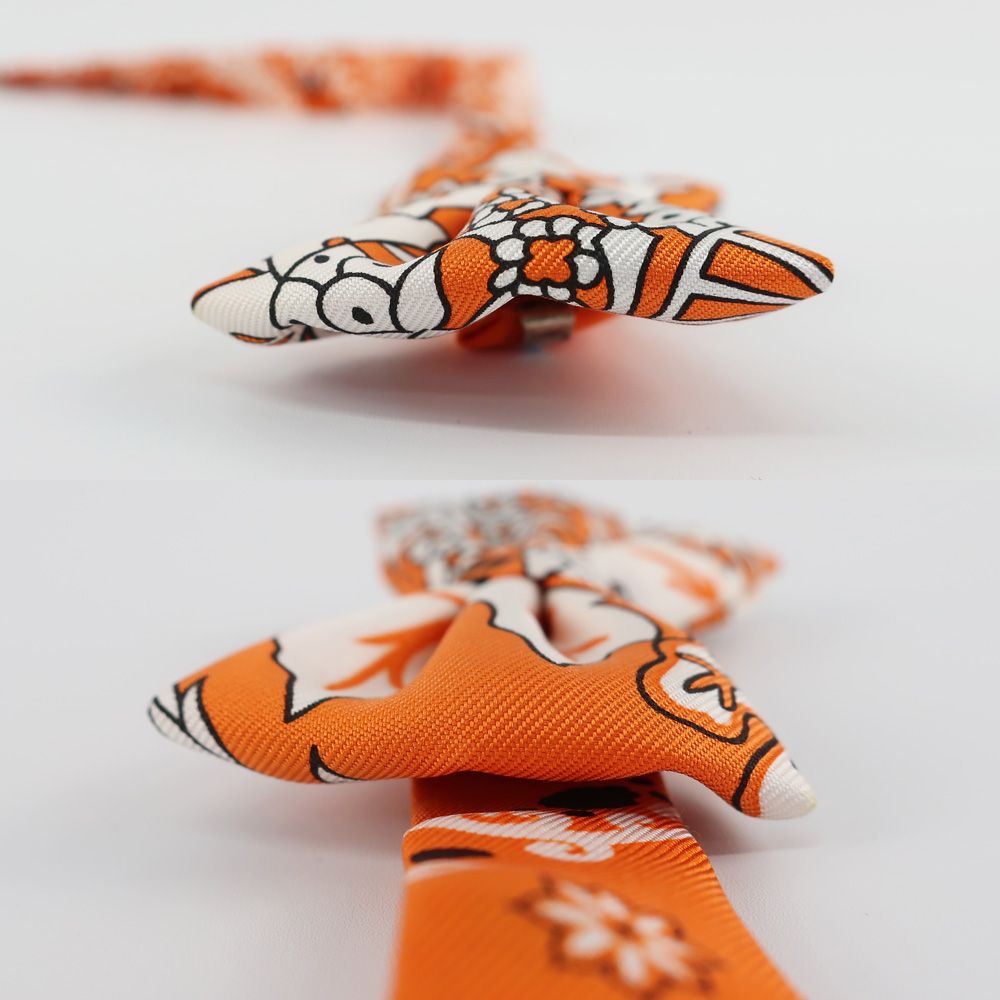 天白】【HERMES】エルメス 蝶ネクタイ オレンジ系×ホワイト系