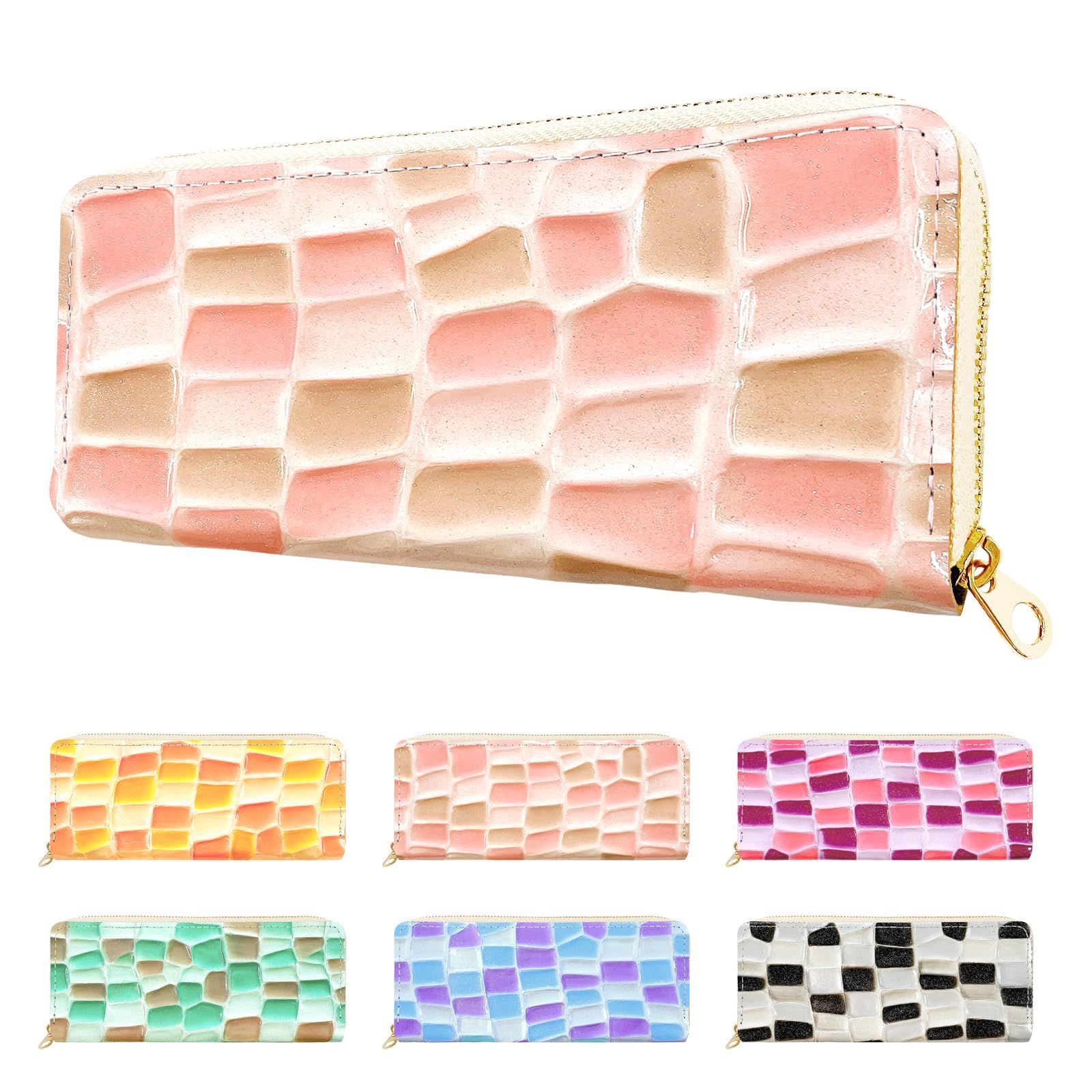 Color:ピンク 本革 ラウンド型 ペンケース 薄型 コンパクト スリム 筆箱 ペン入れ 筆入れ シンプル ステーショナリー 牛革 型押し エナメル レザー ステンドグラス ピンク