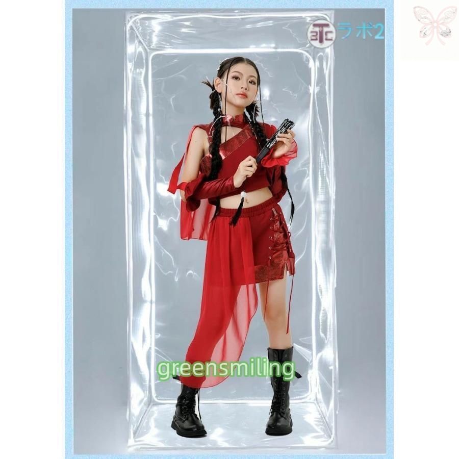 チャイナ風 赤系 キッズダンス ダンス衣装 子供服 女の子 個性 中華風 チュール 長袖 へそ出し レッド スカート タレ付き ジャケット ズボ