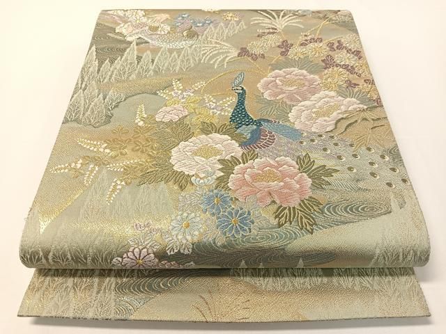 正絹 袋帯 六通 弥栄織物謹製 ヨーロピアン唐草図案 ピンクベージュ 逸品 美品 正絹 袋帯 六通 弥栄織物謹製 ヨーロピアン唐草図案 ピンクベージュ