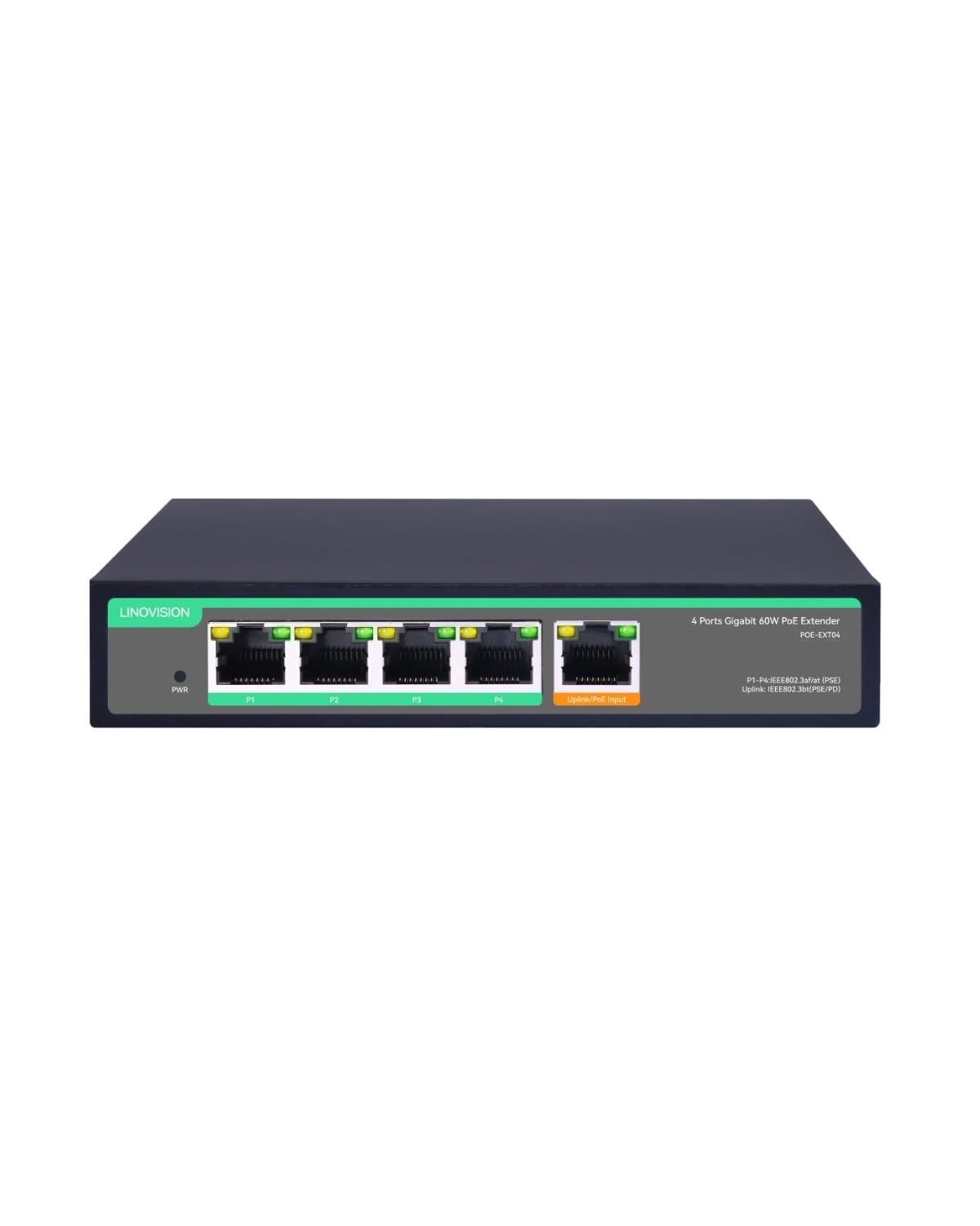 LINOVISION 4 ポート ギガビット POE エクステンダー 60W POE 入力付き IEEE802.3af|at POE スイッチ 1 入力 4 出力 POE リピーター サージ保護 IP カメラ IP 電話などの 4 つの POE デバイスへの