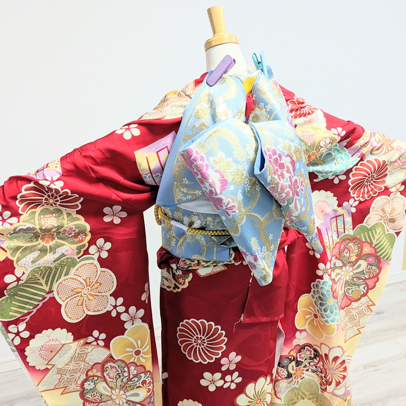 新品・フルセット】振袖 未使用 仮絵羽 赤 クリーム 桜 成人式 F16  