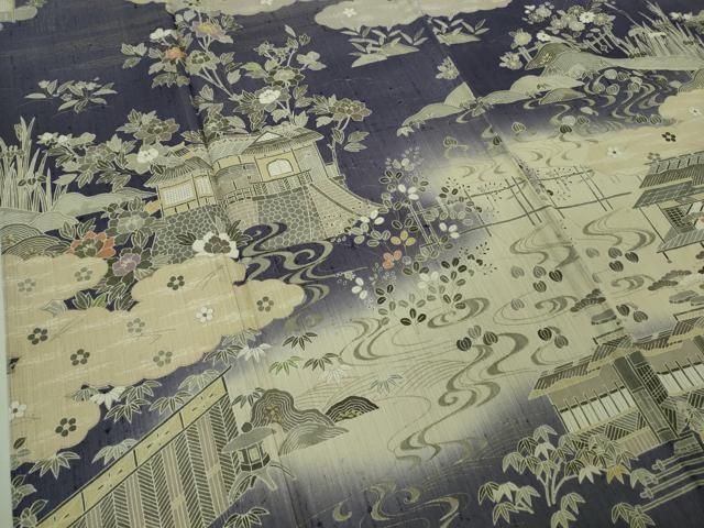 平和屋本店▽極上　染織の名門　しょうざん  生紬　訪問着　単衣　渡橋風景花文　暈し染め　逸品　未使用　DZAA3148kh5 平和屋本店▽極上 染織の名門 しょうざん 生紬 訪問着 単衣 渡橋風景花