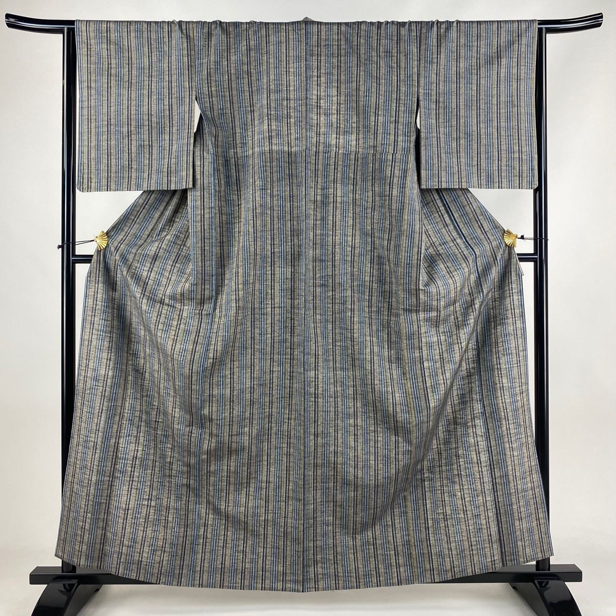 紬 身丈161cm 裄丈65.5cm M 単衣 落款 証紙 縞 茶緑色 正絹 秀品