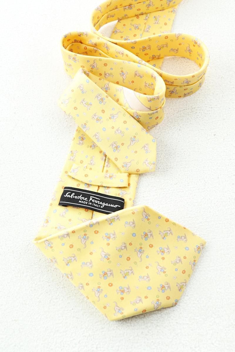 【雷市場（ポンジャン）商品韓国直送】（ 9 ） Salvatore Ferragamo(サルヴァトーレフェラガモ) Ferragamo（フェラガモ) シルク ネクタイ イエロー イタリア製品- 1F3A