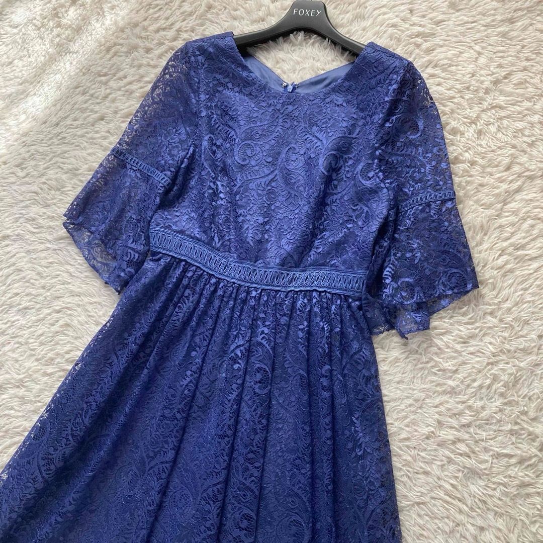 日本製 AIMER エメ 総レース ロングドレス フ Aライン Mサイズ ブルー 群青色 フ スリーブ パーティー 演奏会