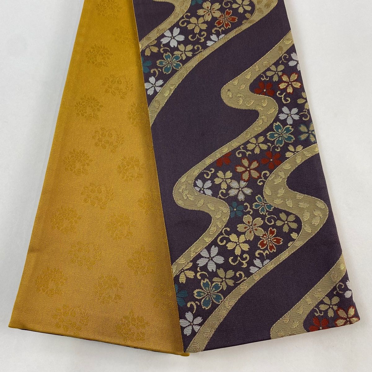 袋帯 全通 七宝 藍色 薄グレー お仕立て込み 袋帯 全通 七宝 藍