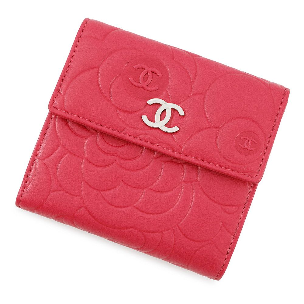 シャネル 二つ折り財布 CHANEL ダブルホック カメリア型押し ローズ シャネル 二つ折り財布 カメリア Wホック ココマーク ラムスキン