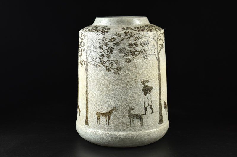 蔵A5202 高木伸 森の詩 鹿 花器 花瓶 壷 壺 共箱 高45.5㎝ 幅25.5㎝ 師 田村耕一