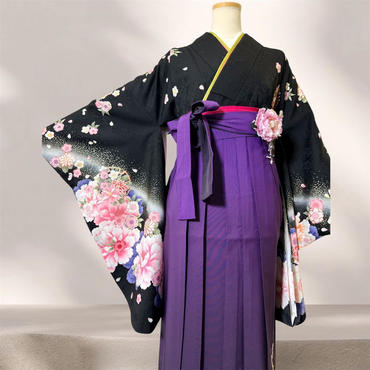 着物 袴 帯 3点セット セット販売 卒業式 に レディース袴セット 成人式 卒業式に 華やか和装 黒 ブラック 紫 95-9