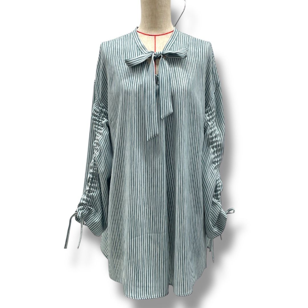 NEMIKA ネミカ Leilian レリアン ボウタイブラウス 長袖 ストライプ柄 ドローコード リボン ノー VL-536-33AB 緑 白 グリーン ホワイト Lサイズ レディース 春 夏 ゴーゴー古着久喜倉庫店 No.1273