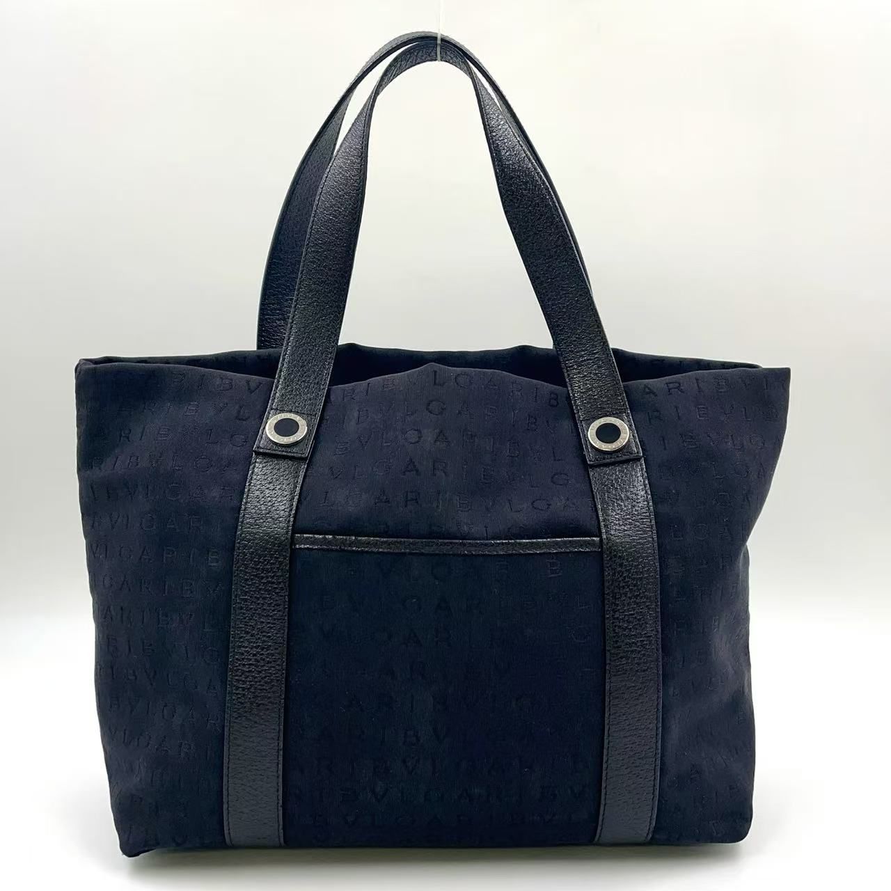 BVLGARI ロゴマニア レザー×キャンバス ブラック トートバッグ