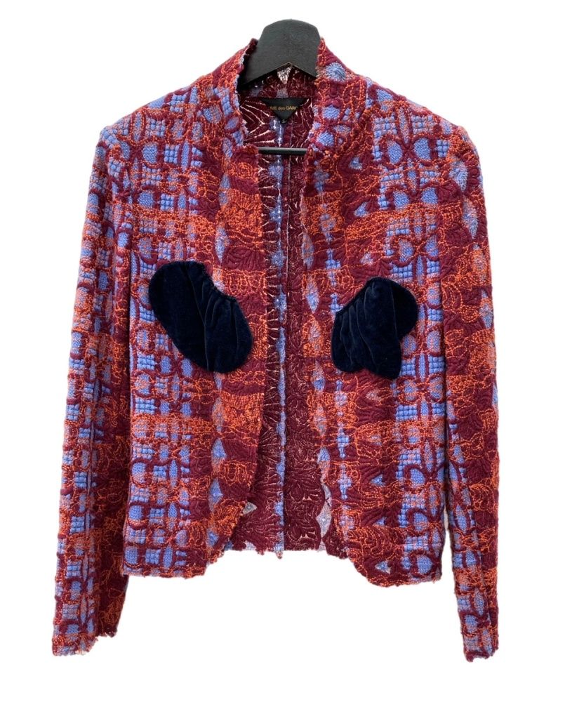 コムデギャルソン COMME des GARCONS 00s アクリルニットジャケット ウール混 ボタンレス 内ポケット 刺繍 RED ORANGE PURPLE GM-J011 ジャケット 総柄 マルチ Sサイズ 104LT-130