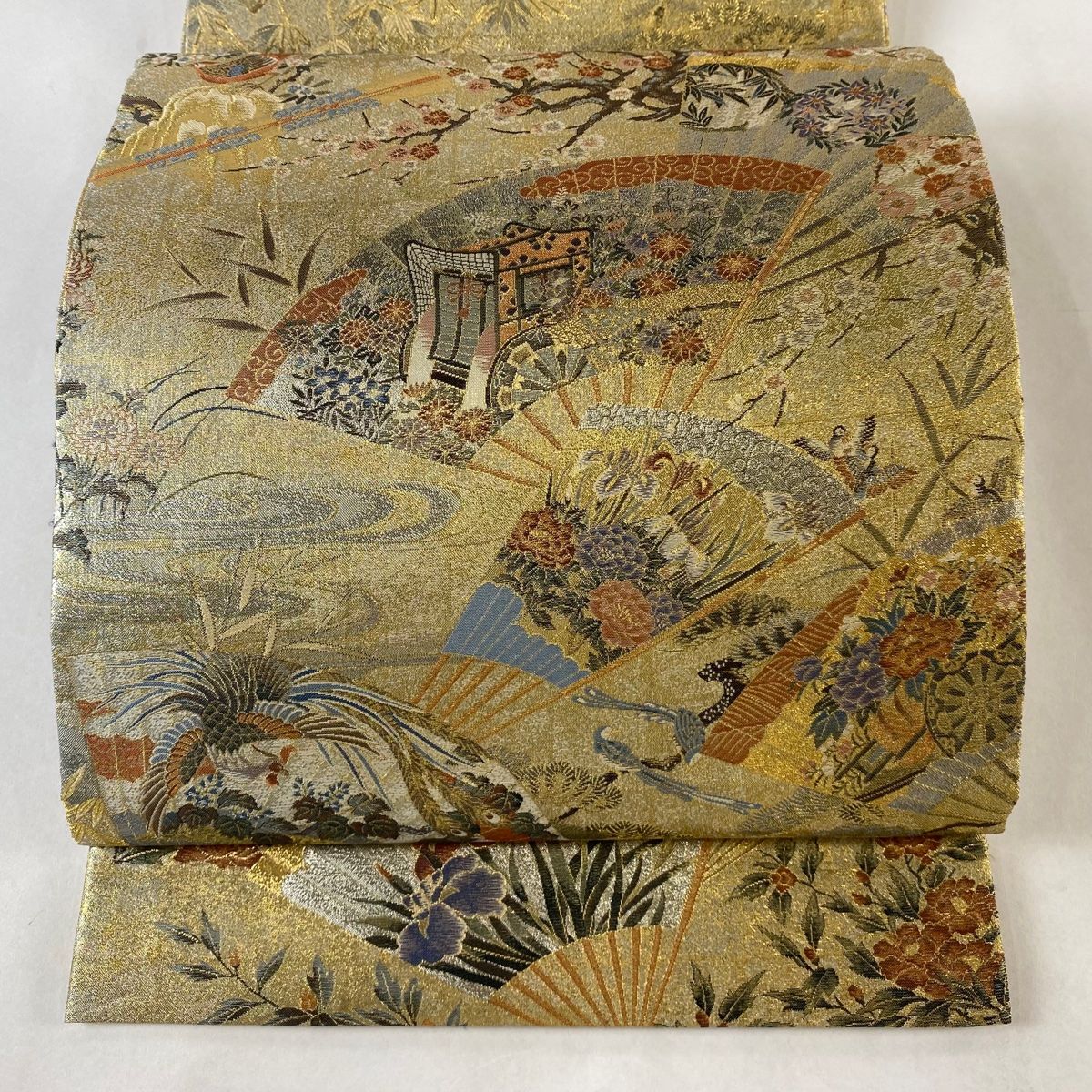 丸帯 桃山扇面屏風文 金糸 箔 金色 全通 正絹
