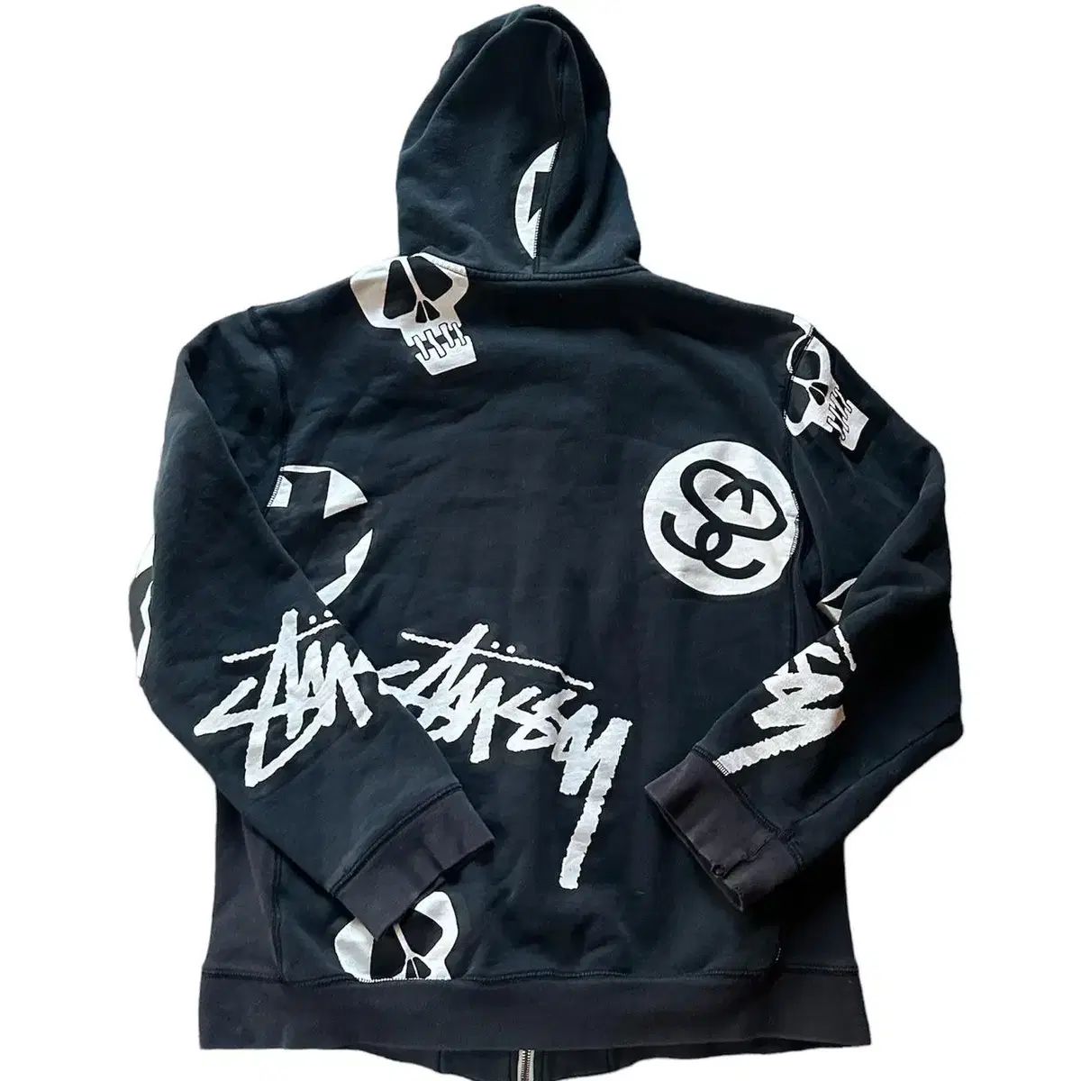 STUSSY ステューシー ビッグ ロゴ AOP フード付き ジップアップパーカー 黒 L