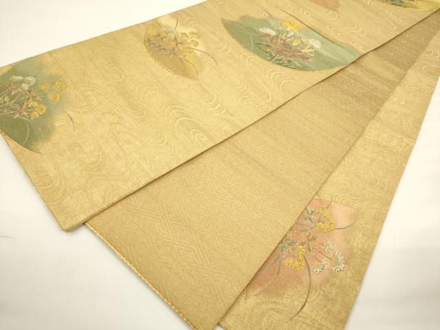 平和屋着物▽六通柄袋帯 唐織 光琳秋草文 本金泥箔 正絹 逸品