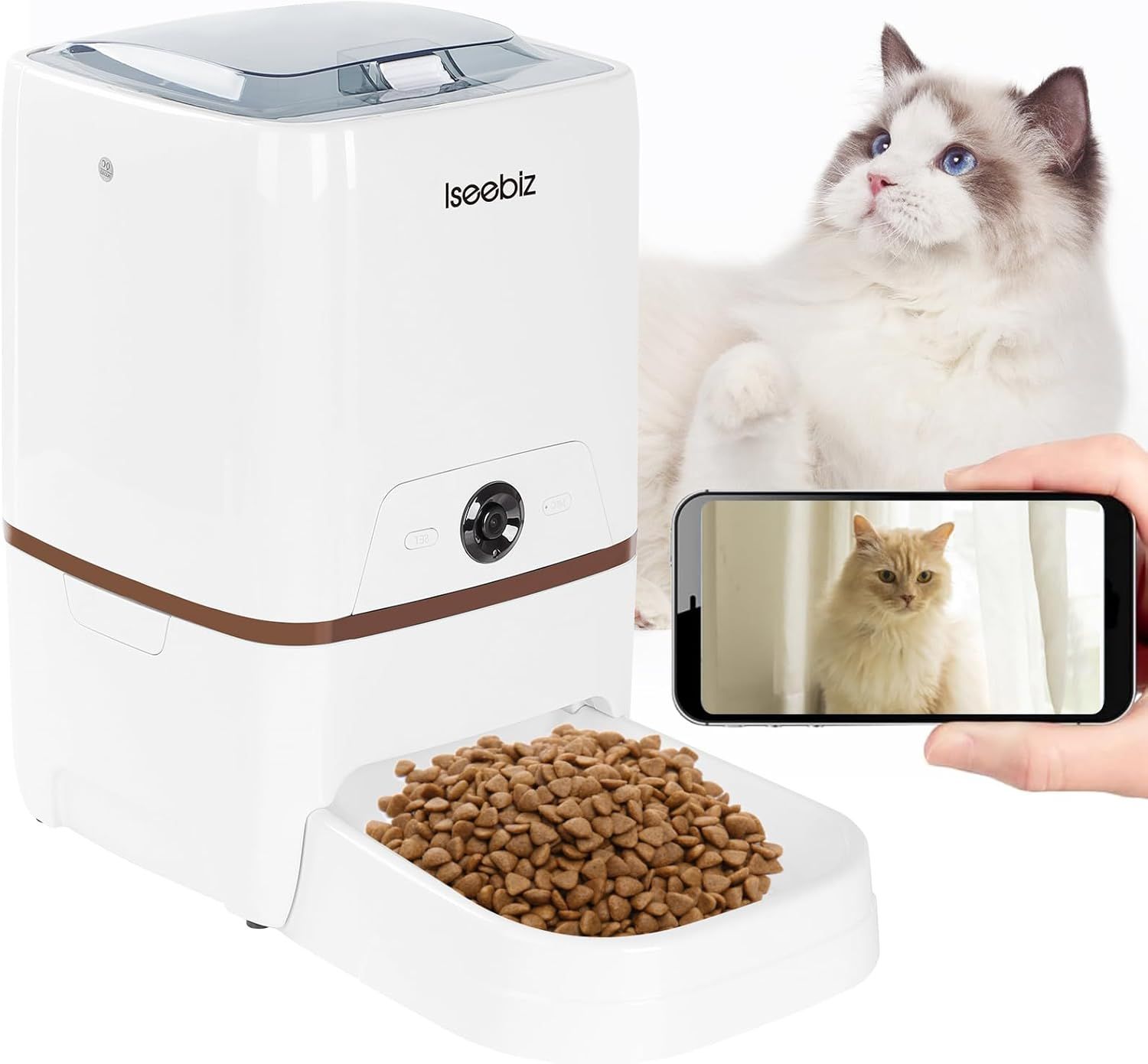 Iseebiz 自動給餌器 カメラ付き 犬猫用 5L大容量 水洗い スマホ遠隔操作 双方向音声 一日6回給餌 ペットフード 10秒録音可 ビデオカメラ 日本語アプリ対応 iOS|Android対応 自動|手動給餌可 見守り 留守番 中大型ペット