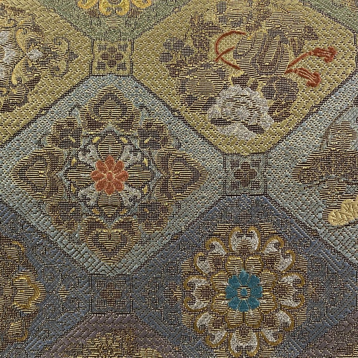 袋帯 名品 蜀江華文 唐織 金糸 青灰色 六通 正絹 【中古 袋帯 名品 蜀江華文 唐織 金糸 青灰色 六通 正絹 【中古