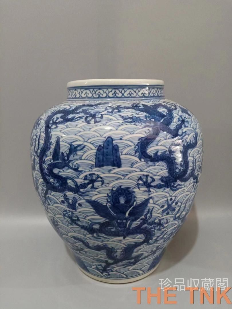 中国古美術 旧蔵 青花海水龍紋缶 置物 賞物観賞瓶 文房具