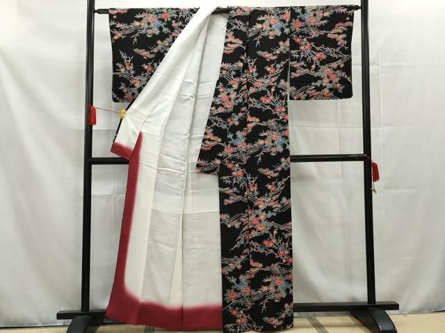 平和屋着物□上質な小紋 型染め 枝花文 黒地 鬼しぼ縮緬