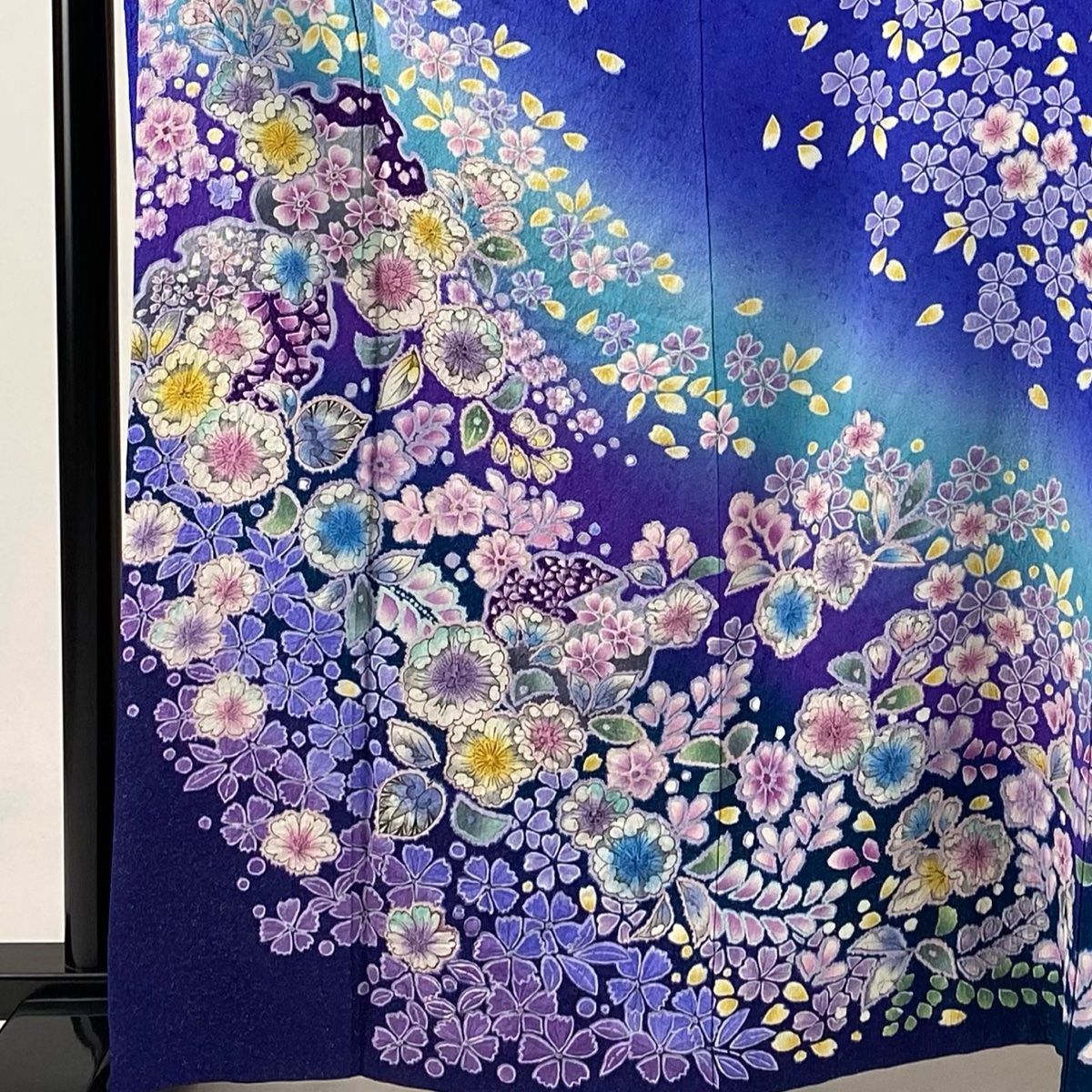 振袖 身丈164cm 裄丈66cm M 袷 辻が花 雪輪 銀通し ぼかし 青 正絹